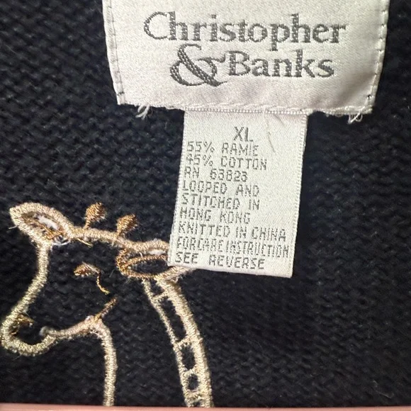 Christopher & Banks Vintage Safari Black  Sweater with Giraffe Embroidery Sz XL - Picture 2 of 3